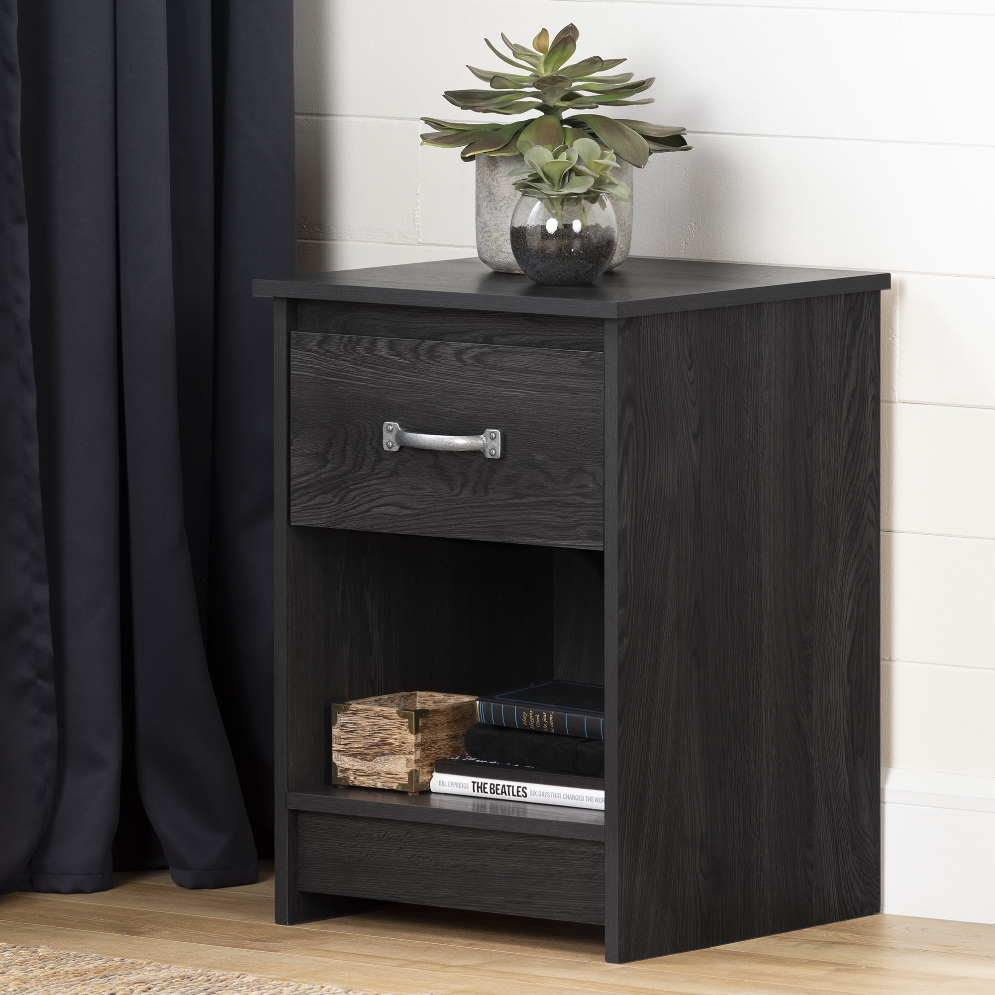 South Shore Tassio 1-Drawer Nightstand with Open Storage Space for Adult, in Gray Oak