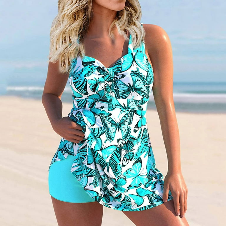 Womens Tummy Control Swimsuit Printed 2-piece Strappy Swimming Suit Swim  Dress