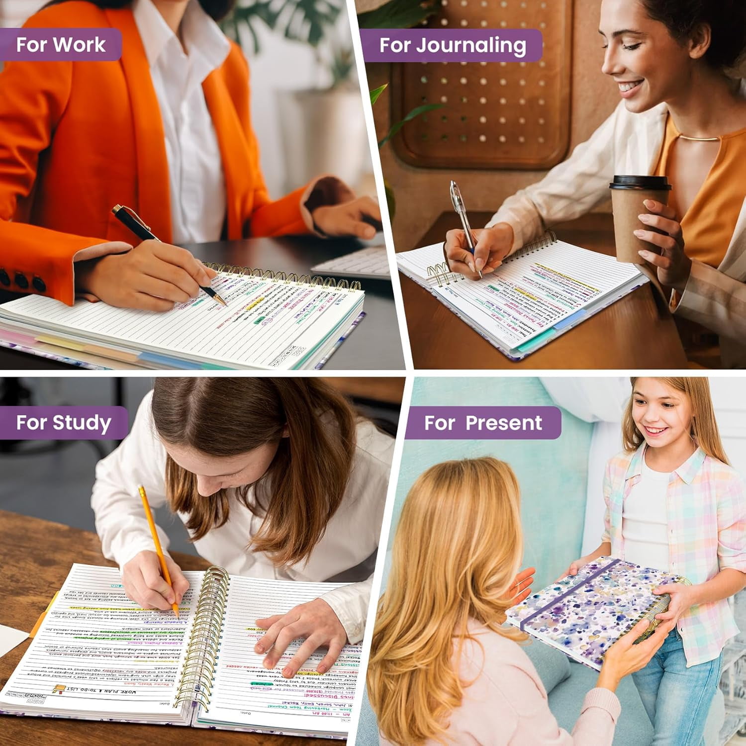 8.5"×11" Purple Blocks Hardcover 5-Subject Spiral Notebook, College Ruled with Dividers & Tabs, 280 Pages for Study & Office
