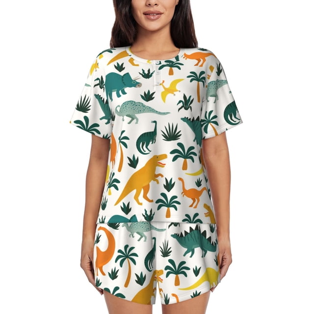 Balery Dinosaurs and Tropical Leaves Conjunto de Pijama para Mujer con Estampado, Dos Piezas de Manga Corta y Shorts, Ropa de Dormir Suave con Cuello Redondo y Bolsillos-Small