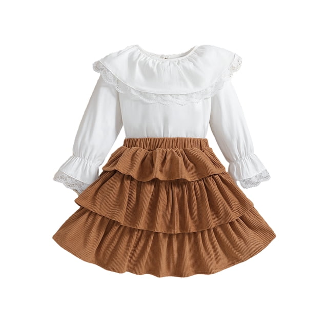 ZAXARRA Kids Girl Fall Outfits Lace Trim Doll Collar Tie-Up Long Sleeve Tops and Solid Color Ruffles Cake Skirts