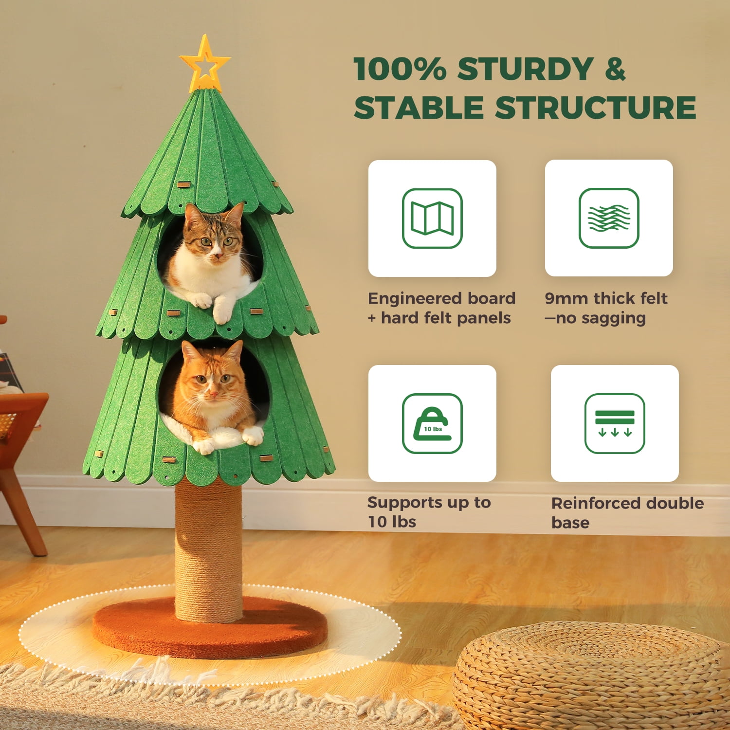42.9" PEQULTI Christmas Cat Tree for Indoor Cats Cat Tower with 2 Cozy Houses Cat Furniture Green
