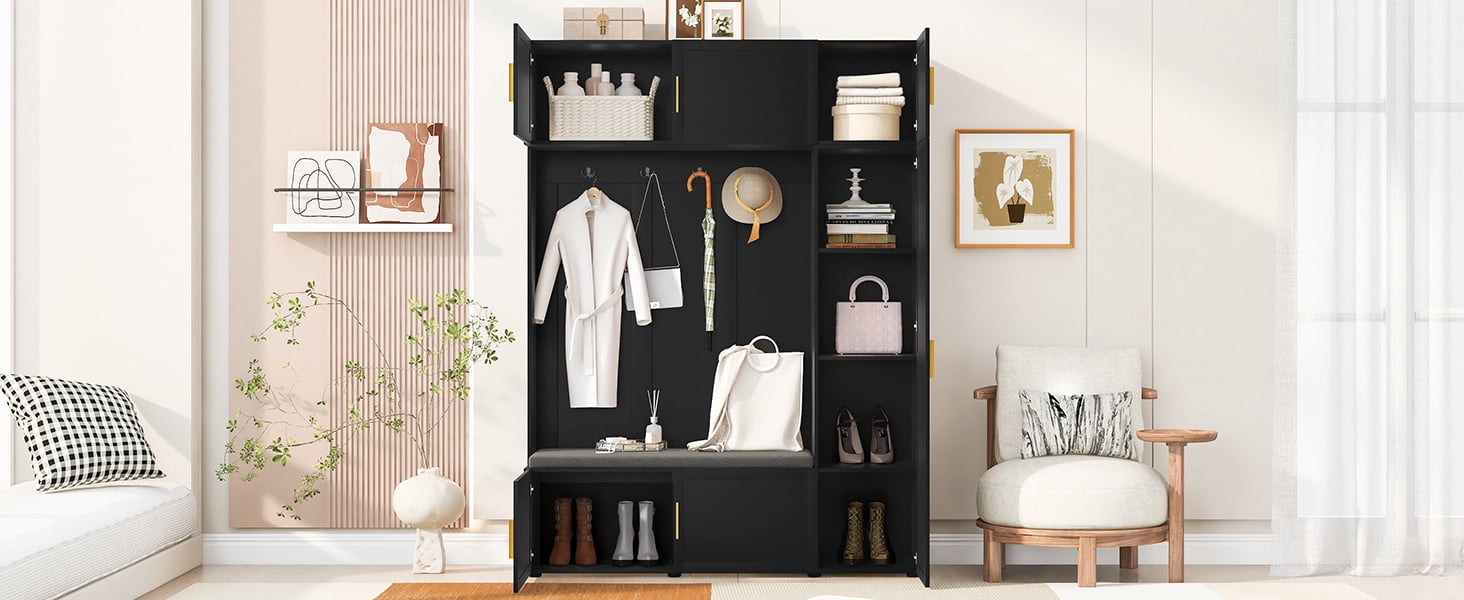 Mintazer All‑in‑One Hall Tree with Cushioned Shoe Bench & Hooks, Entryway Storage Organizer with Cabinets & Open Shelves for Mudroom Hallway, Black