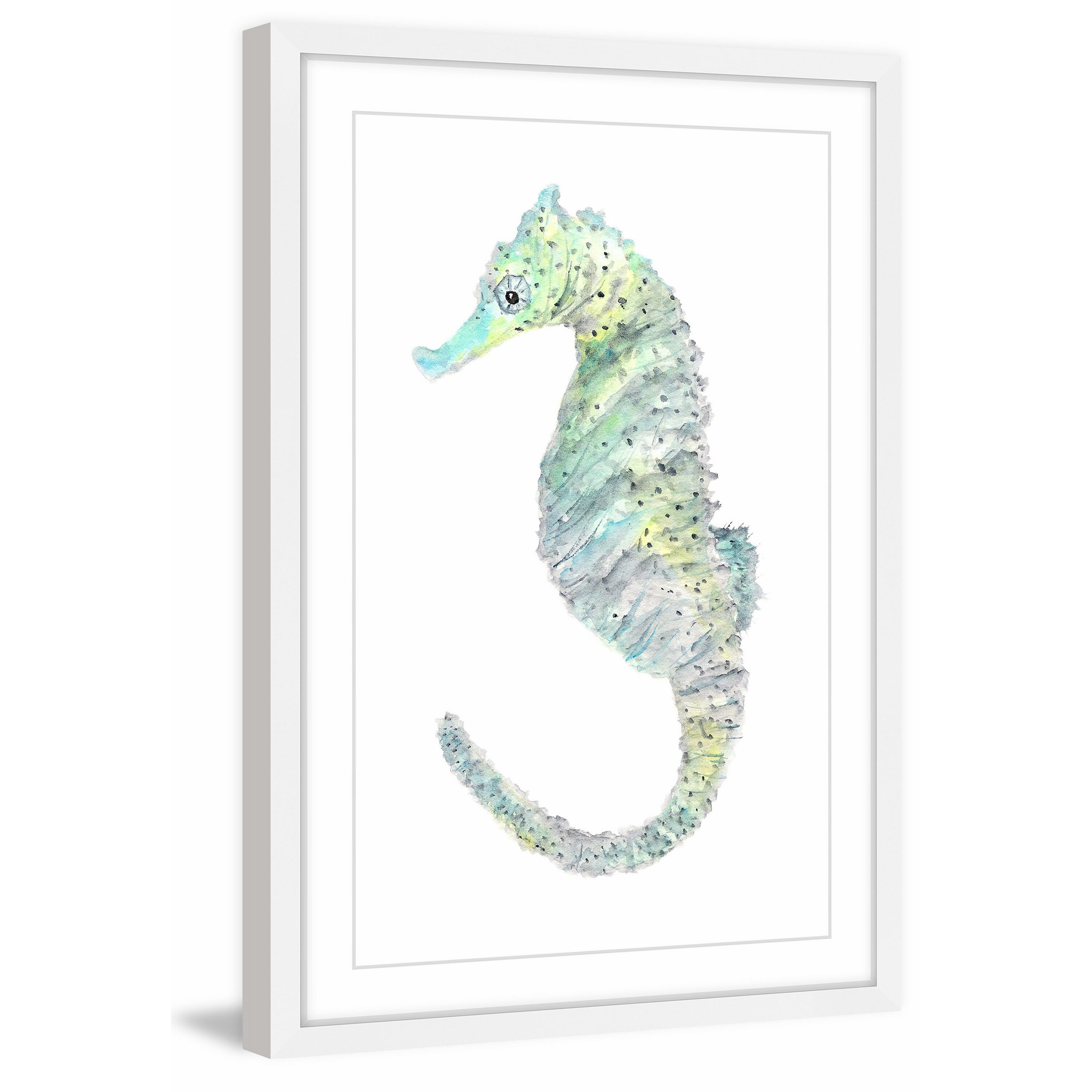 Marmont Hill "Teal Seahorse" by Thimble Sparrow Framed Painting Print