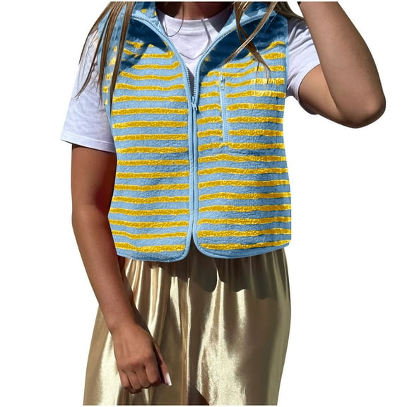 UTSJKR Striped Fleece Vest Coat Winter Women High Neck Zip Up Sleeveless Teddy Sherpa Vest with Chest Pocket Yellow M