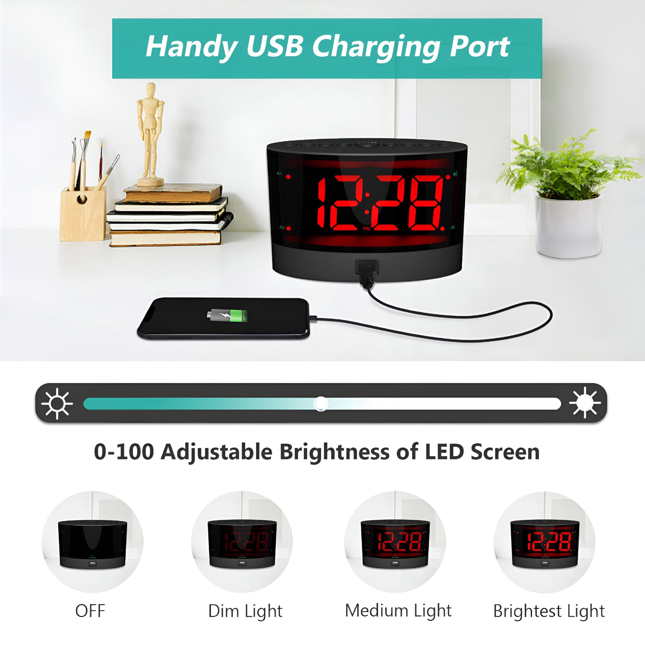 DESIGNICE Extra Loud Alarm Clock with Bed Shaker,Heavy Sleepers,Adjustable,USB