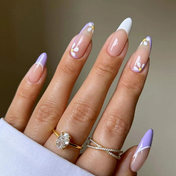 Fofosbeauty 24 Pcs Almond Nails Designs 22 Medium Press On Nails French Tip Nails Light Purple White Daisy Walmart Com
