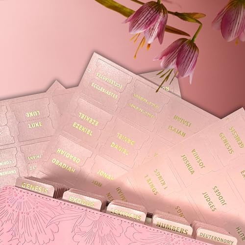 Bible Index Tabs for Women - 80 Large Gold Foil Laminated Leather Paper Bible Study Journaling Supplies, 66 Old New Testament + 14 Blank Self-Stick Tabs Easy Navigation & Organization (Pink)