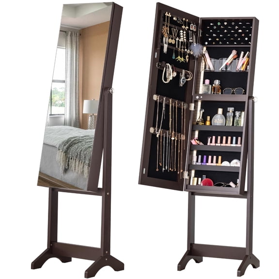 Standing Jewelry Armoire With Full-Length Mirror, 60.2 Inch Brown