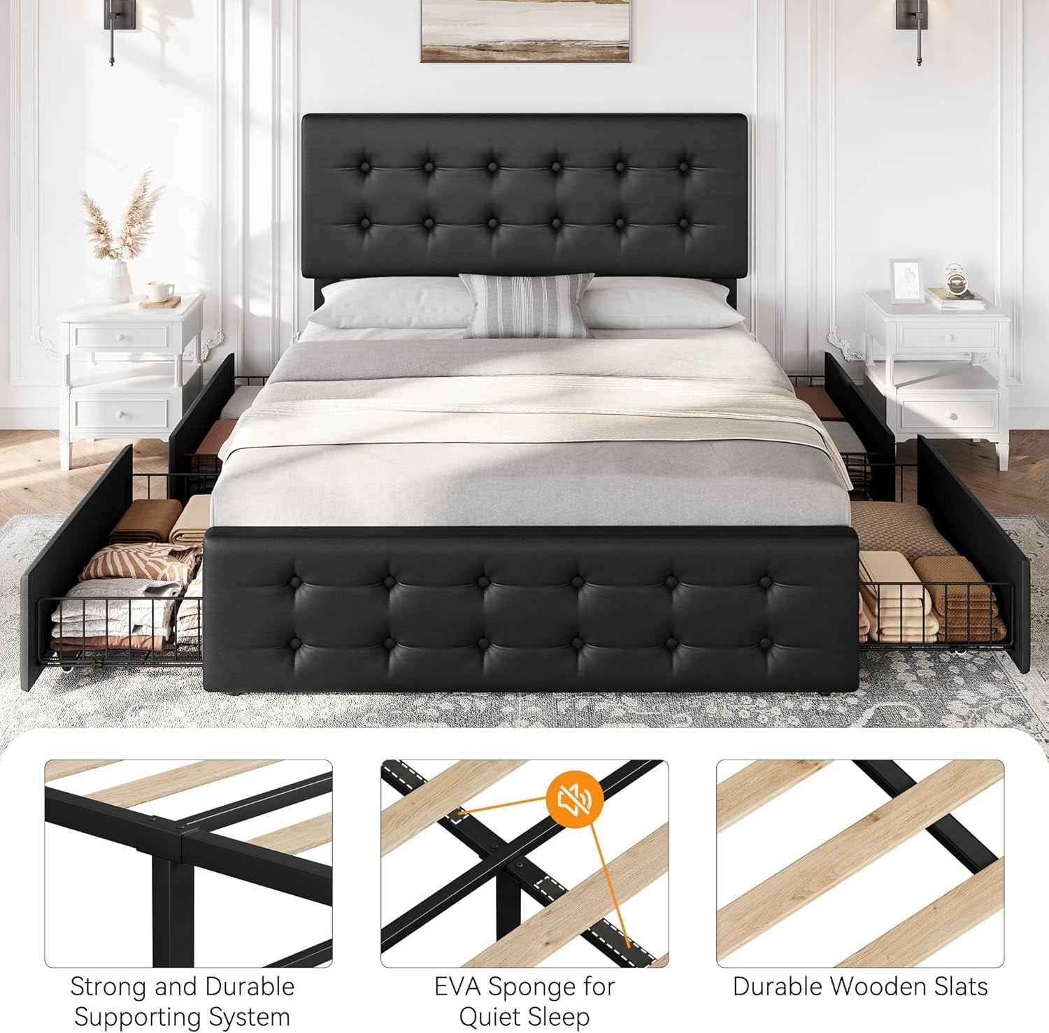Memoryfield Full Size Bed Frame with 4 Storage Drawers and Headboard, Faux Leather Upholstered Platform Bed Frame with Wooden Slats Support, No Box Spring Needed, Black