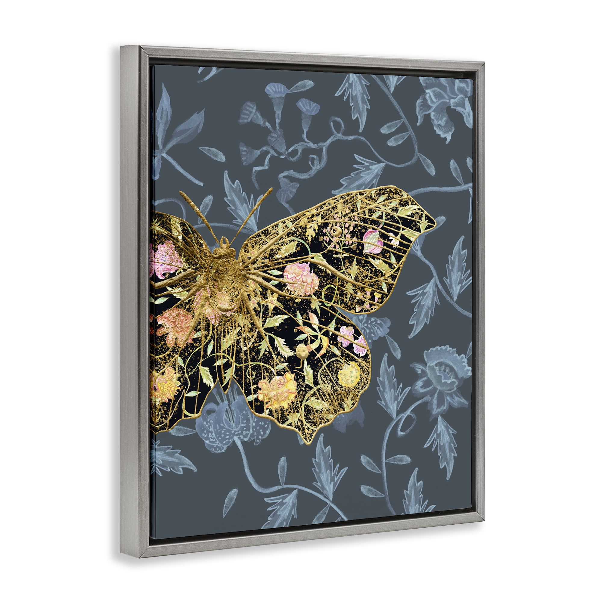 Stupell Industries Blue & Gold Butterfly Animals & Insects Painting Gray Floater Framed Canvas Art Print Wall Art, 17 x 21
