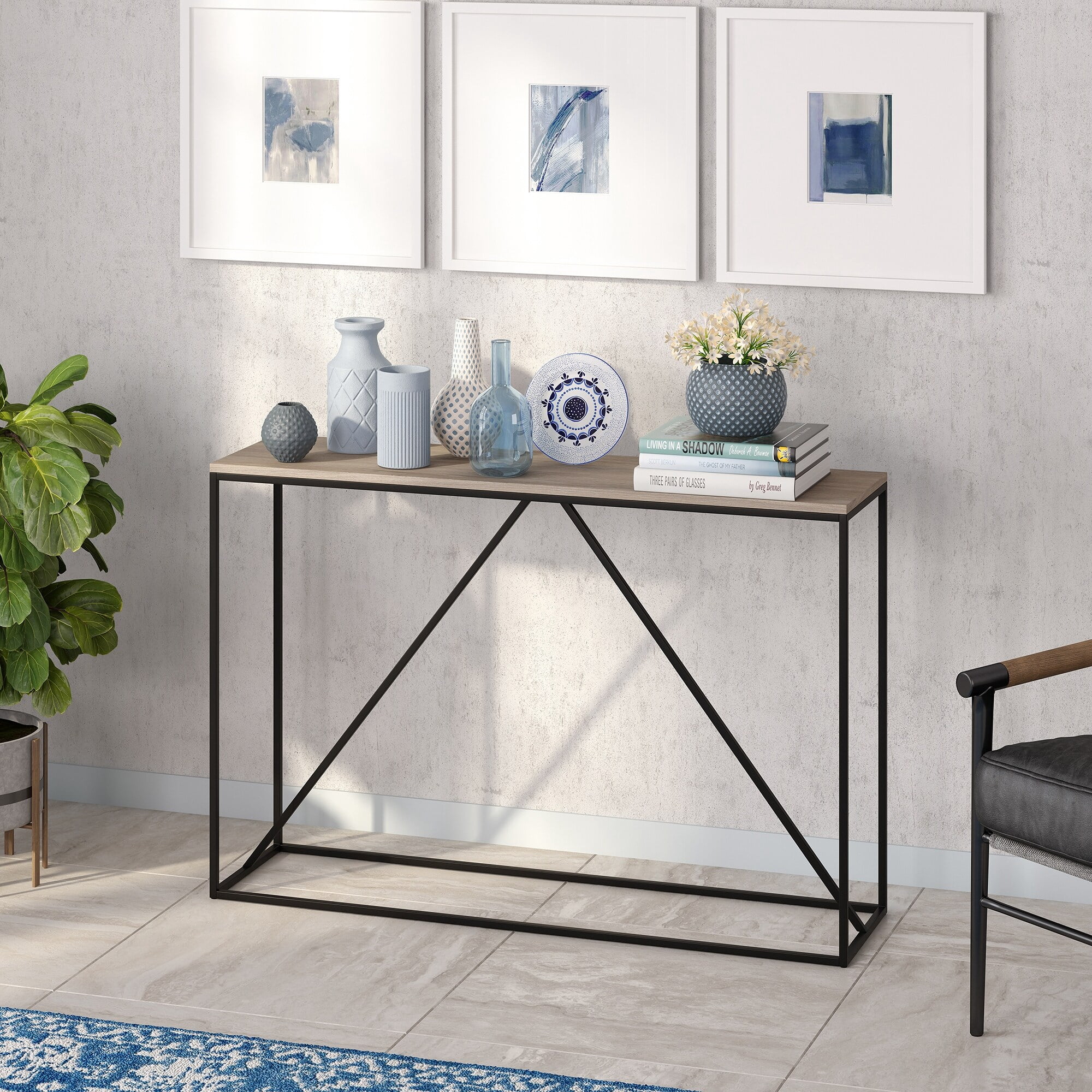 Evelyn&Zoe Nia 45" Wide Rectangular Console Table, Blackened Bronze/Antiqued Gray Oak