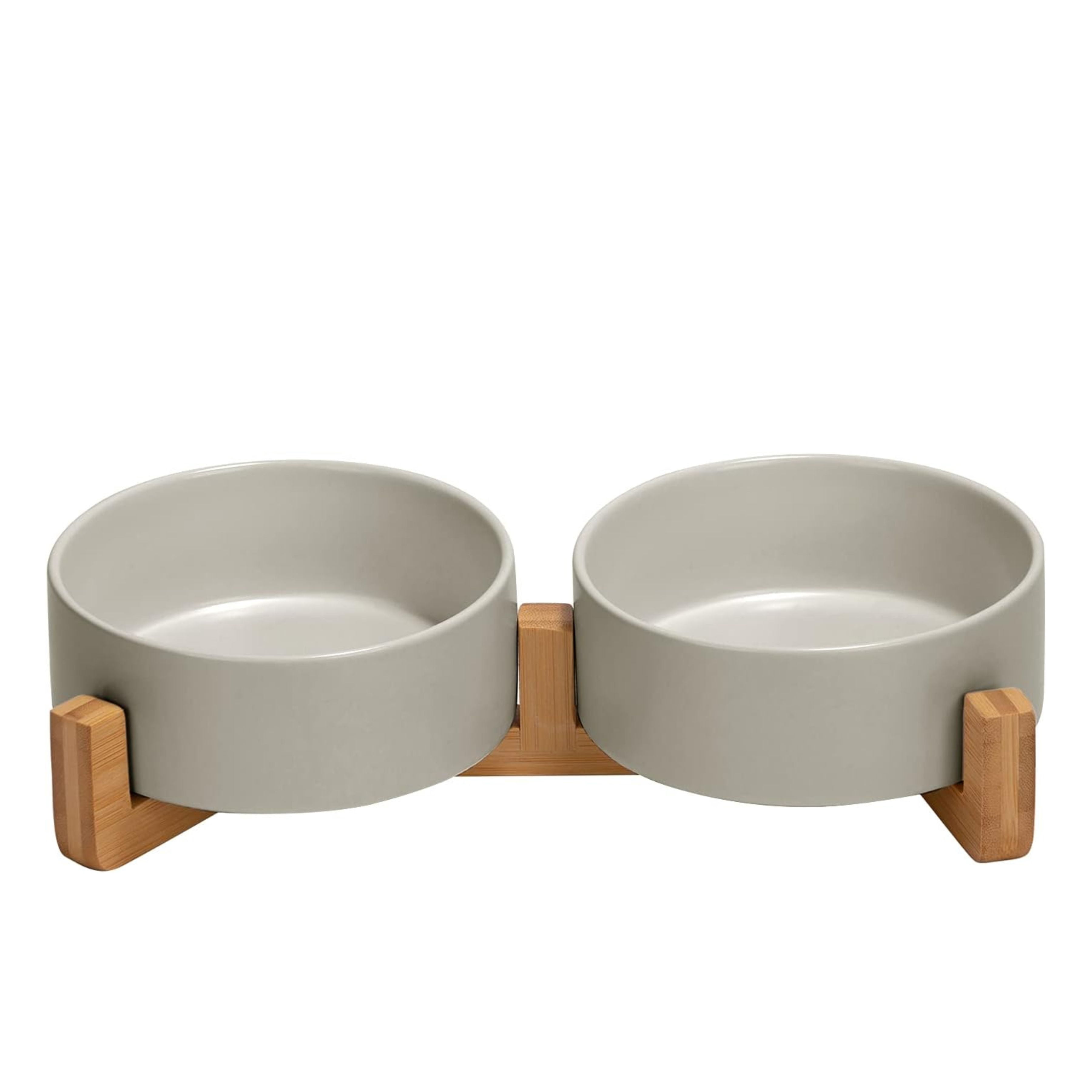 13.5oz Ceramic Dog and Cat Bowls with Bamboo Stand, Tilted Elevated Pet Feeder, Non-Slip Food and Water Bowls for Small Dogs and Cats, Anti-Vomit Design, Dishwasher Safe, Modern Style