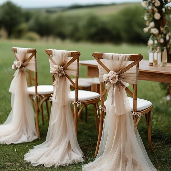 Elegant Champagne Tulle Chair Sashes 6-Pack Translucent Floral Pattern Decor for Wedding Party Church Event Chair Covers