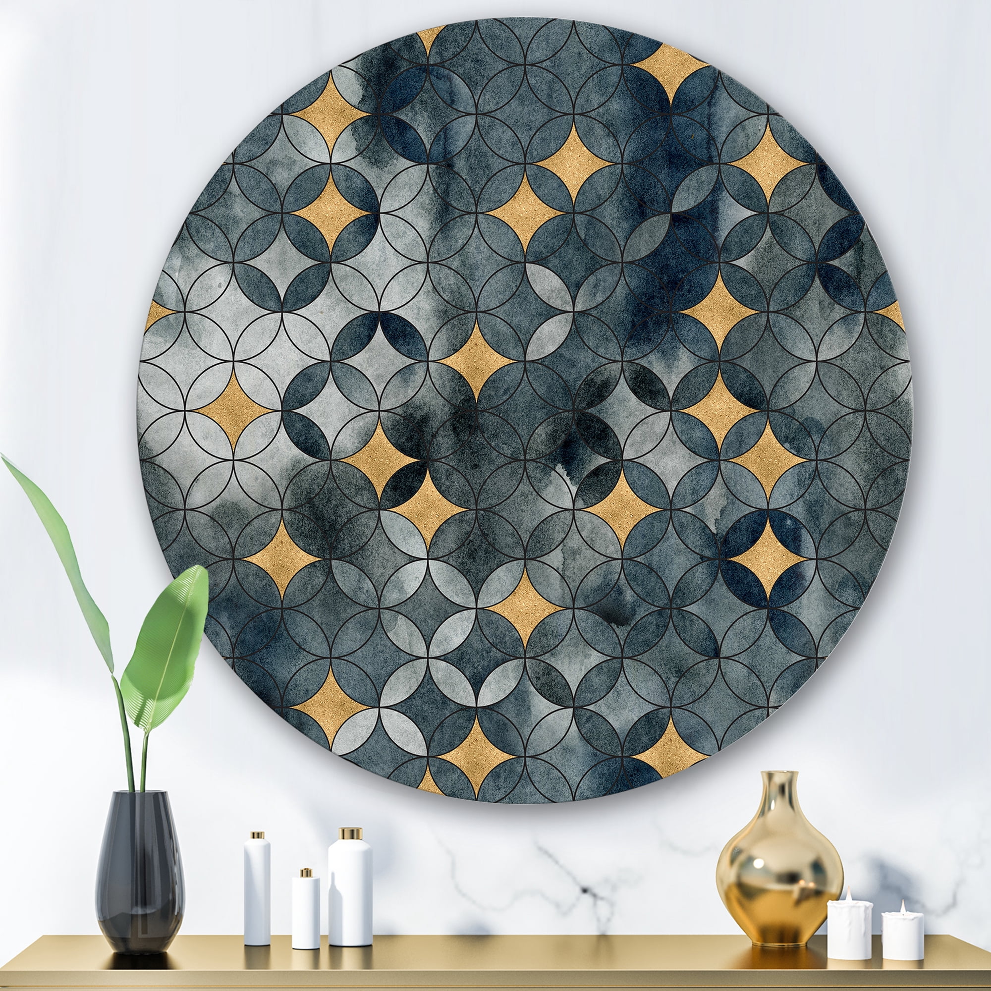 Designart 'Geometry Golden Stars With Intersecting Circles' Modern Circle Metal Wall Art 36x36 - Disc of 36