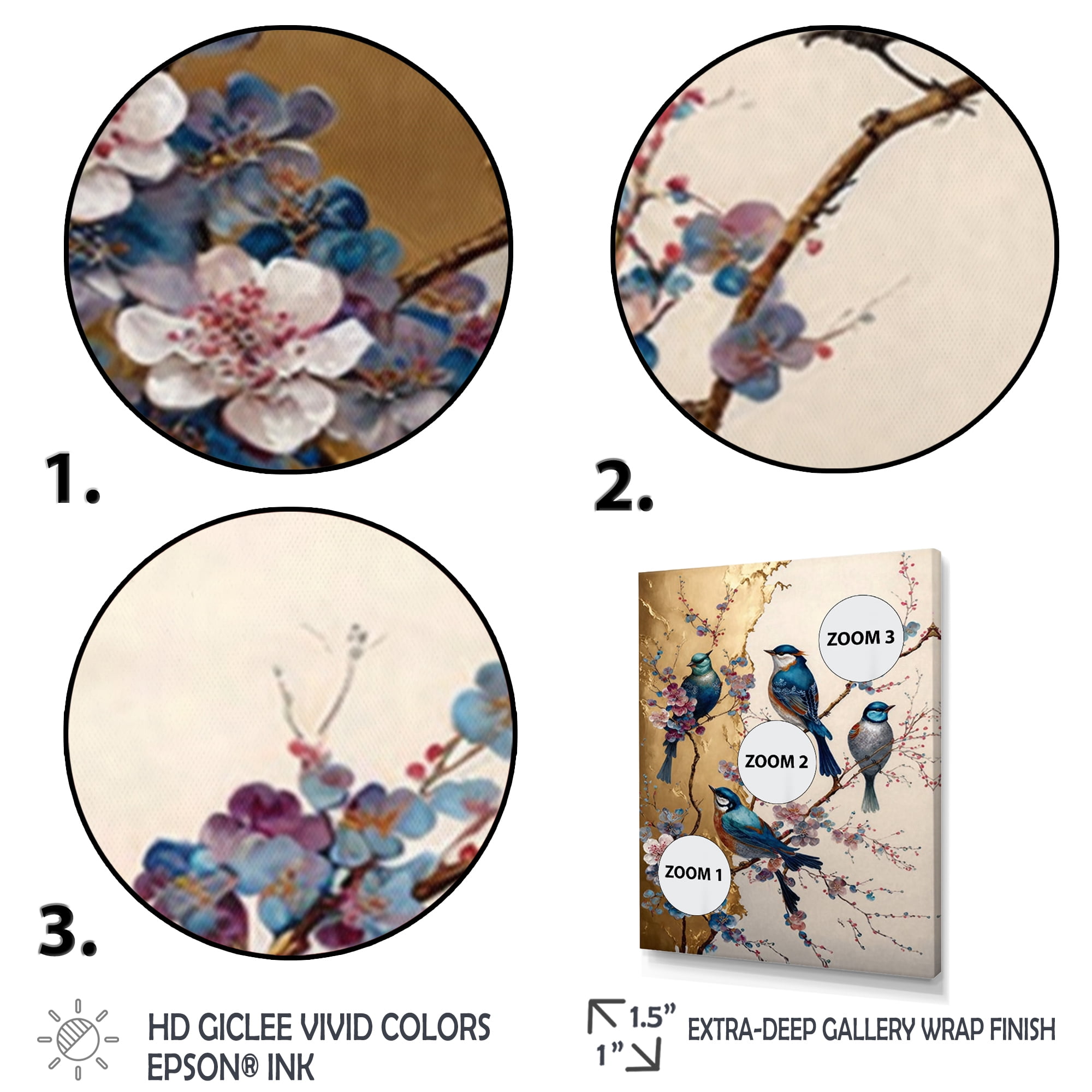 Designart Multicolor Birds On Plum Blossoms Tree II Canvas Wall Art