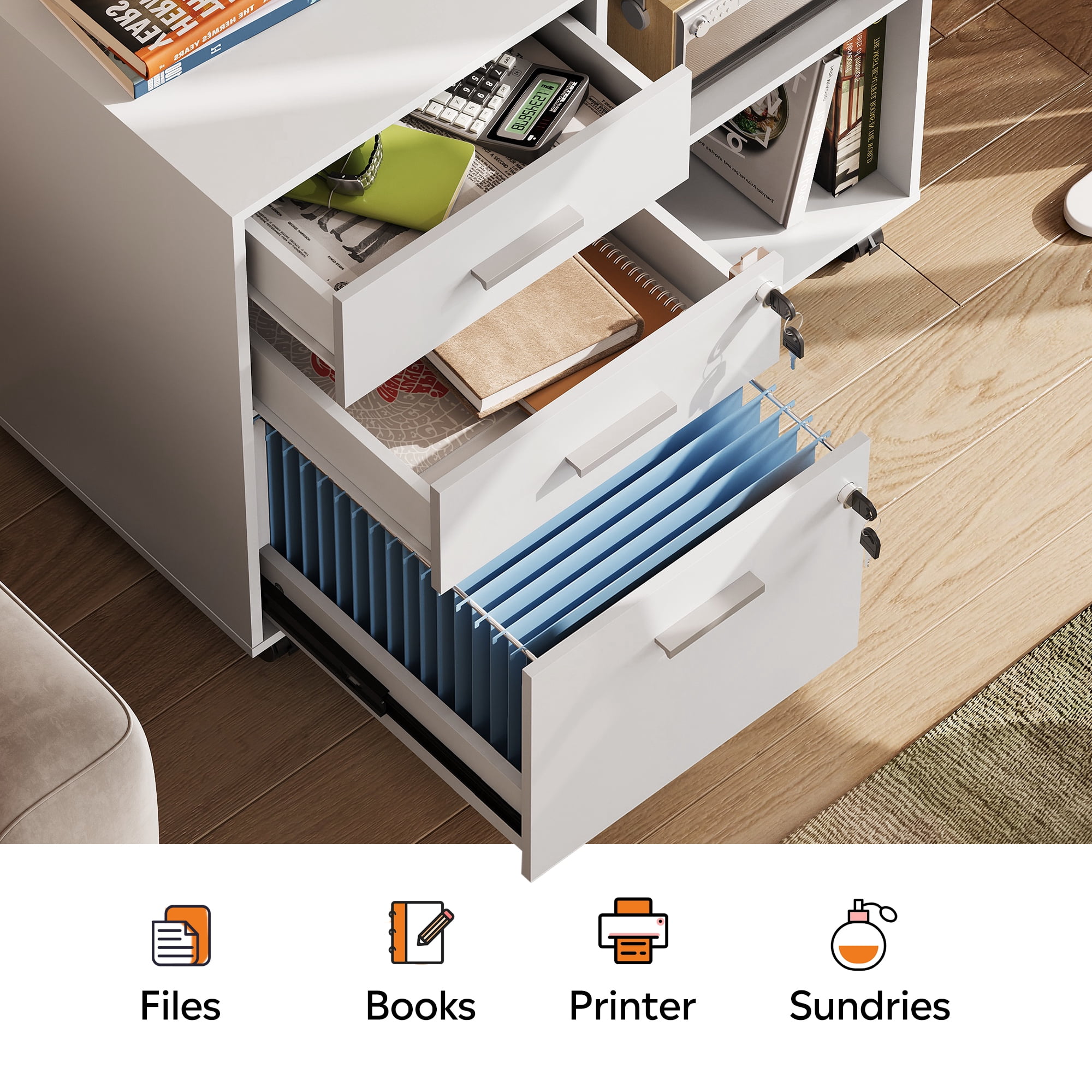 GALAXHERO 3-Drawer File Cabinet with Lock and Key, Mobile Wood Lateral Filing Cabinet & Printer Stand with Open Shelves for Home Office, White