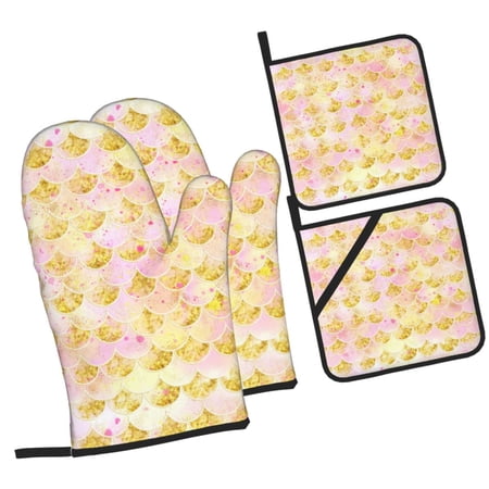 Orange Graffiti Water Wave Oven Mitts and Pot Holders Sets Baking Sets for Kitchen BBQ Gloves Heat Resistant Cooking Fish Pattern 4 Pieces