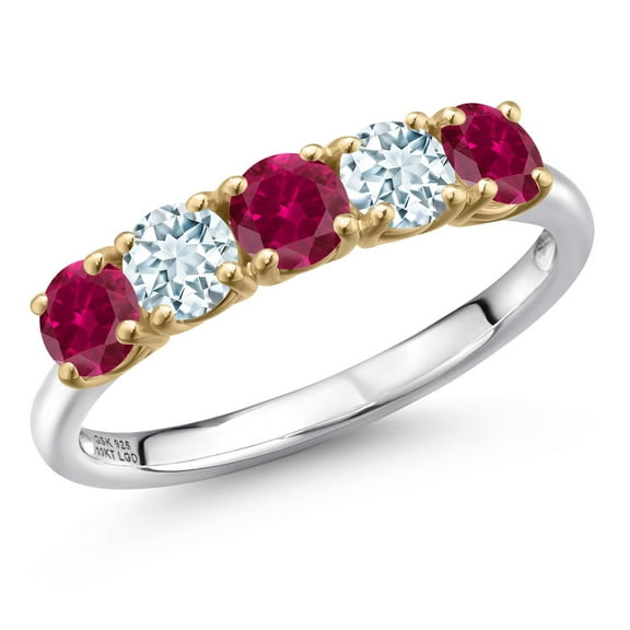 Gem Stone King 925 Silver and 10K Yellow Gold Red Created Ruby and Sky Blue Aquamarine Wedding-Bands Ring for Women | 1.25 Cttw | Round 4MM | Gemstone July Birthstone | Size 8
