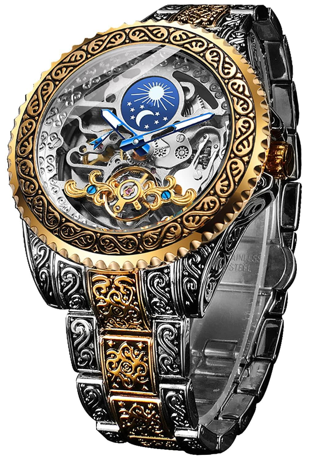 Watch for Men Carved Self-Wind Mechanical Tattoo Tourbillon Moon Phase Independent Seconds Skeleton Automatic Big Dial Wrist Watches