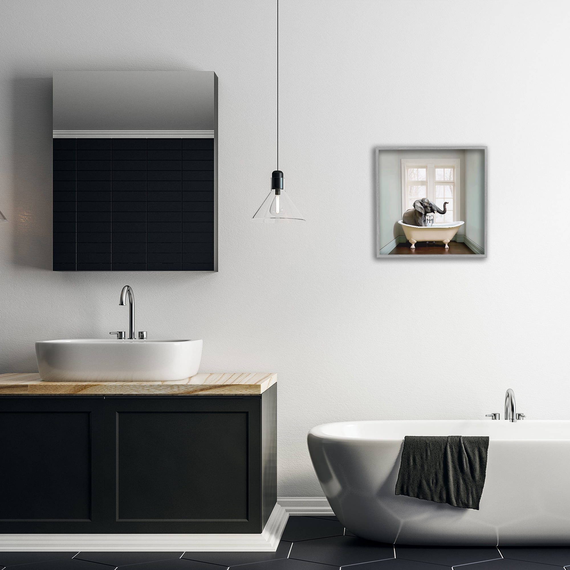 Minimal Elephant Bathtime Gray Framed Giclee Art, design by Sasha