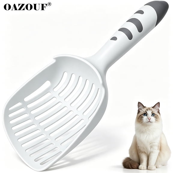 Cat Litter Scoop, Long Handle, Big Shovel, 3 Sizes of Holes, for Clumping Cat Litter, White