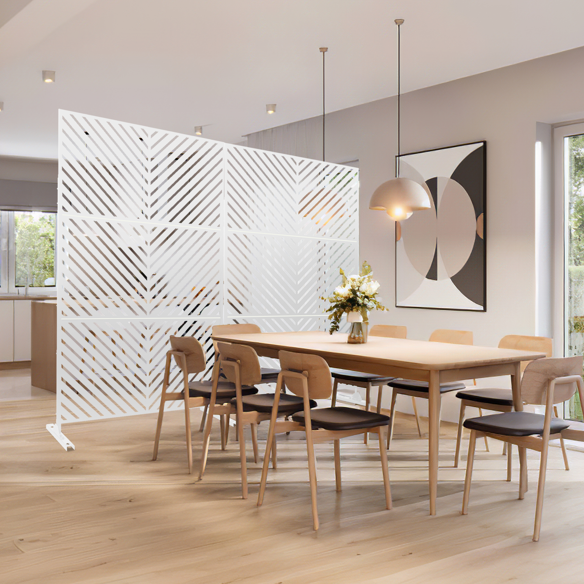 MAYEERTY 72*47" Outdoor White Metal Privacy Panel Screen for Patio, Parallel Line Pattern