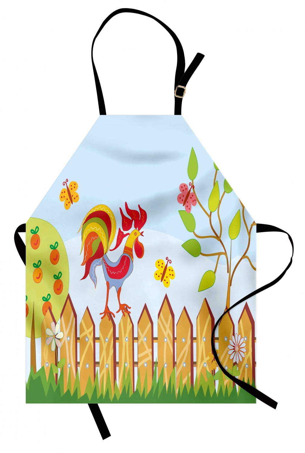 Farmland Apron Border with Rooster Tree Butterfly and Flowers in Summer Kids Cartoon Farm Print, Unisex Kitchen Bib Apron with Adjustable Neck for Cooking Baking Gardening, Multicolor, by Ambesonne