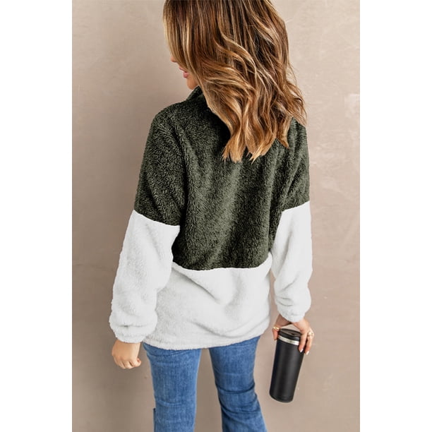 ABPHQTO Jersey de forro polar extragrande con cremallera y cuello con cremallera para mujer Atrovirens White