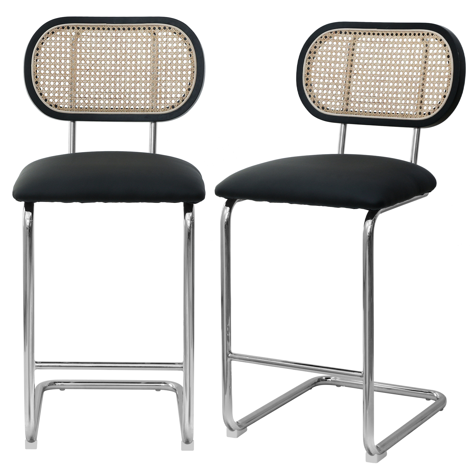 LEZIOA 26'' Rattan Black Bar Stools Set of 2, Faux Leather Upholstered
