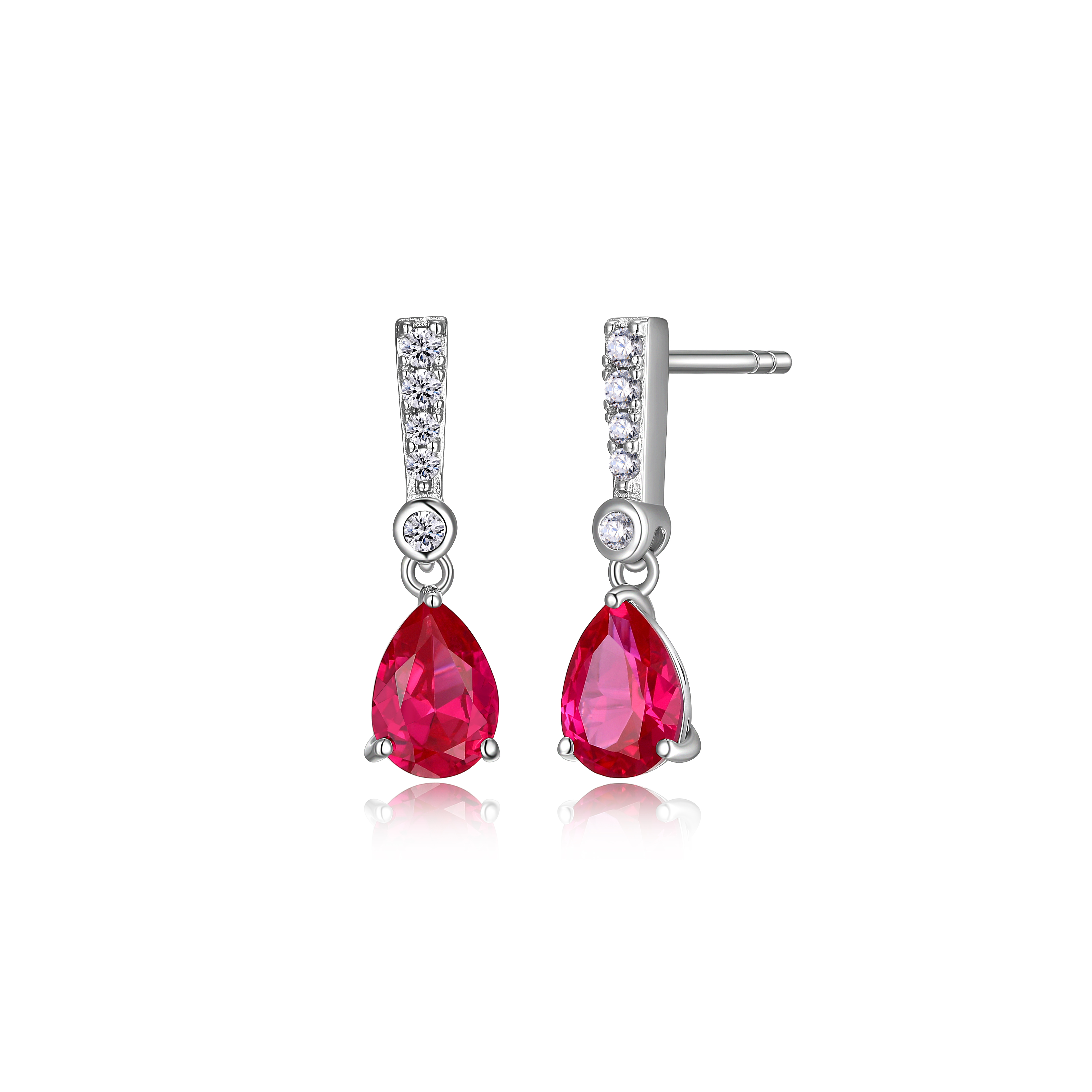 Forever Facets Jewelry Platinum Over Sterling Silver Ruby and 1/10th Carat Total Weight Lab Grown Diamond Pear Linear Tear Drop Earrings (H-I Color, I1 Clarity)