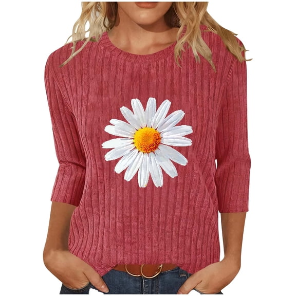 cocolona Womens Ribbed Sweaters Crew Neck 3/4 Sleeve Shirts Fashion Floral Print Pullover Tops Dressy Casual Blouses
