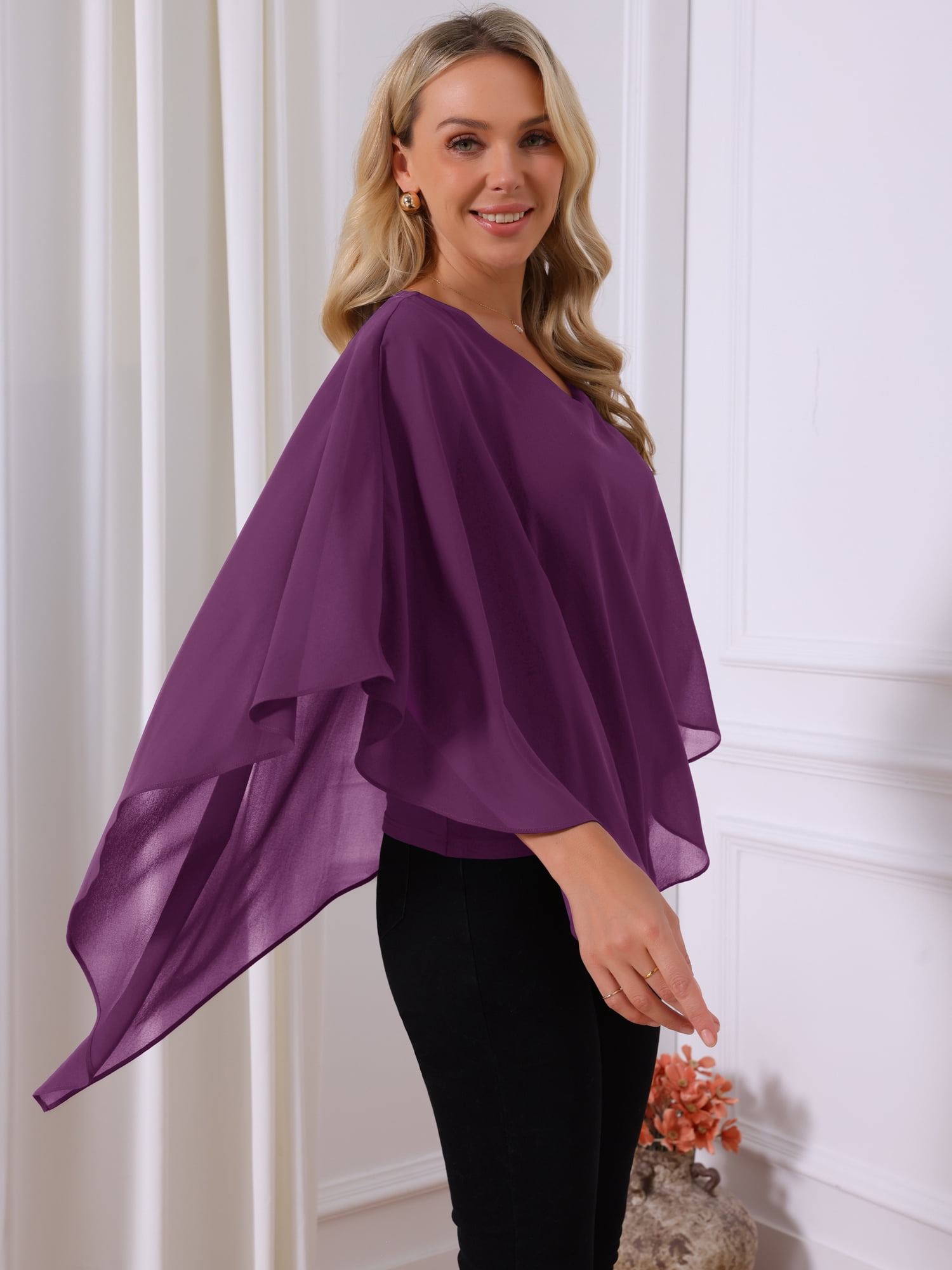 DARING DIVA Women's Flowy V Neck Chiffon Blouse Asymmetrical Top XL Purple