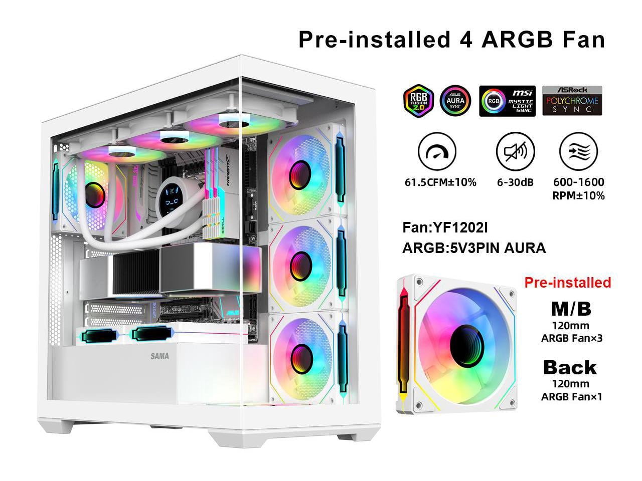 SAMA SV01 Gaming PC Case Computer Mid Tower ATX Case White with 4 Addressable RGB Fans Pre-Installed, Back Plug Motherboard Design, Tempered Glass Transparent Side Panel