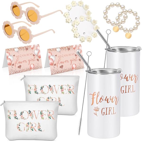 wonima44 12 Pcs Flower Girl Set Including Flower Girl Tumbler Round Flower Sunglasses Canvas Bag Will You Be My Flower Girl Proposal Card Bracelet Hair Clip for Wedding Engagement Bridal Party (White)
