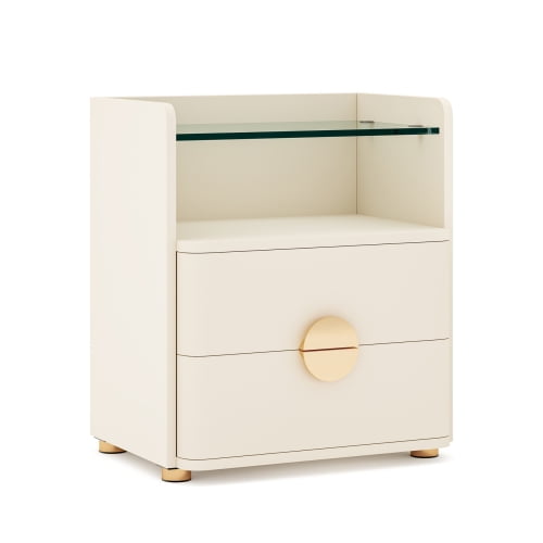 19.68" Modern 2-Drawer Nightstand with Tempered Glass Top & Open Shelf – Wood Bedside Table with Gold Metal Legs, Easy Assembly, Stylish End Table for Bedroom or Living Room, Beige