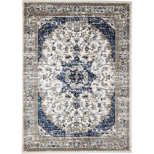Madison Collection 5x7 Distressed Ivory/Blue Oriental Area Rug