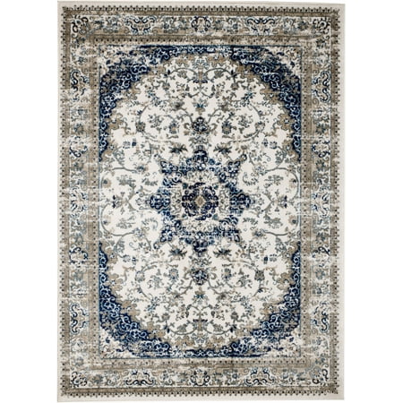 Madison Collection - 5x7 Distressed Ivory/Blue Oriental Area Rug (Multiple Sizes) Soft Pile
