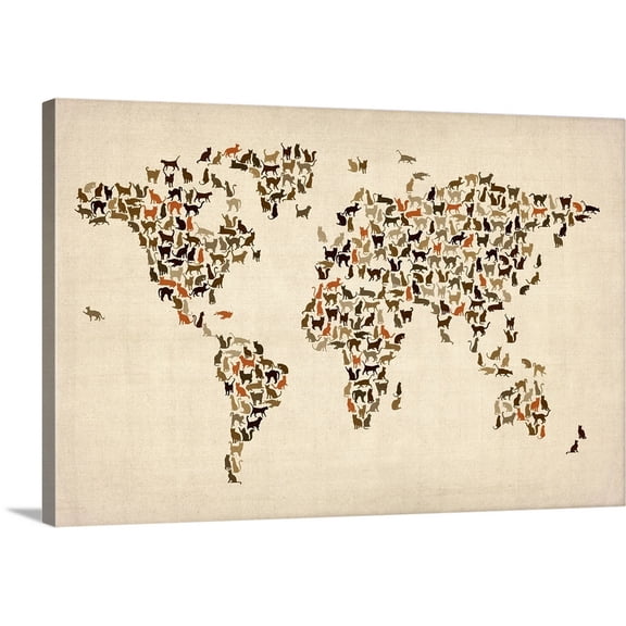 Great BIG Canvas | "Map of the world - Cats" Canvas Wall Art - 24x16