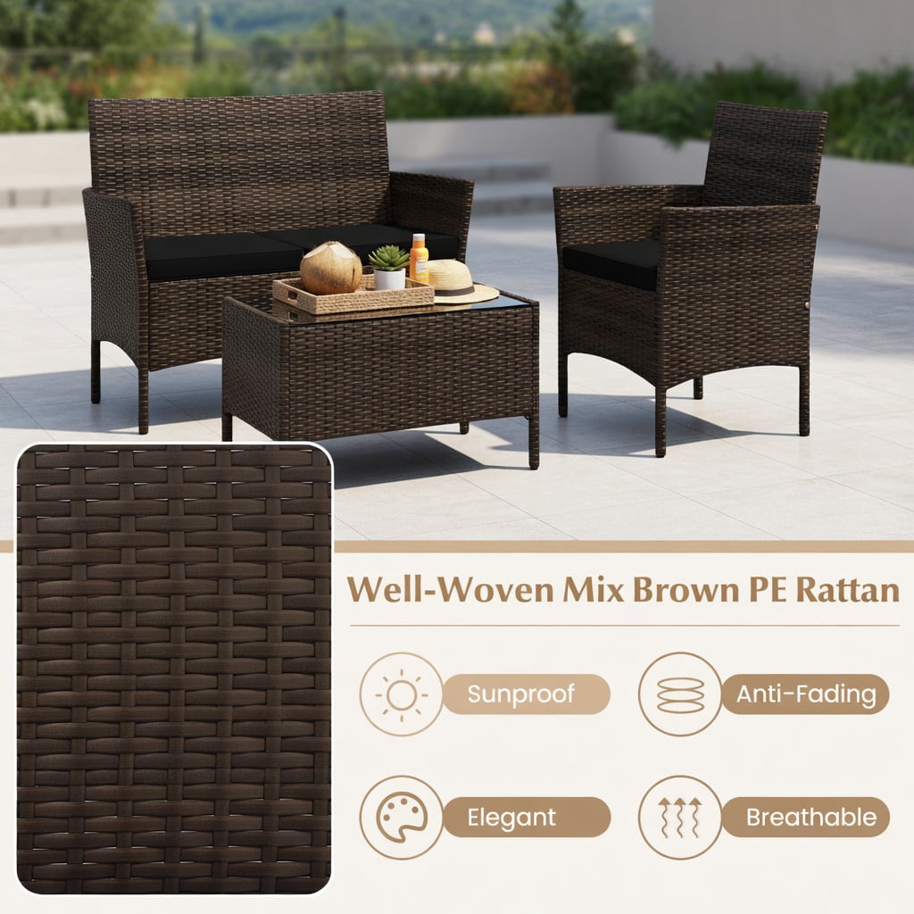 Hommoo 4-Piece Outdoor Rattan Patio Conversation Set with Plush Cushions, Loveseat, 2 Chairs & Tempered Glass Coffee Table, Black