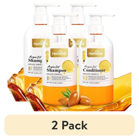 (2 pack) Herbishh Argan Oil Shampoo & Conditioner Set, Deep Cleansing & Hydration, Ideal For Frizzy & Colored Hair, With Shea Butter, Jojoba & Coconut Oil, 16.9 fl. oz Each