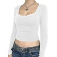 thumbnail image 3 of Fortune Hauts Courts en Dentelle pour Femmes Col Carré Manches Longues Printemps Automne Coupe Slim Crop Top, 3 of 5