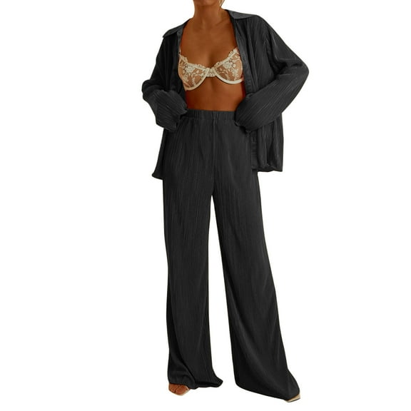 Baqcunre Cargo Pants Women Women 2 Piece Pants Set Oversized Floral Soild Button Down Shirt High Waist Pants Outfits Summer Streetwear Lounge Sets For Women Women'S Pants Black L