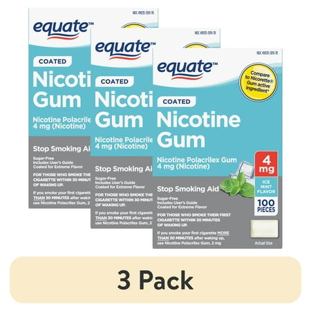 (3 pack) Equate Coated Nicotine Polacrilex Gum 4 mg, Ice Mint Flavor, Stop Smoking Aid, 100 Count, Compare to Nicorette® Gum Active Ingredient