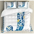 thumbnail image 1 of Letter J King Size Duvet Cover Set, Illustration of Capital Letter J in Flower Pattern Design Ornamental Print, Decorative 3 Piece Bedding Set with 2 Pillow Shams, Blue Yellow Orange, by Ambesonne, 1 of 3