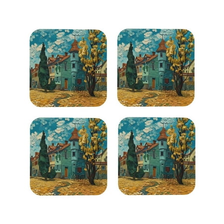 

Junzan Impressionist Village Sky Print Coasters for Drinks - Leather Coasters Set of 4 for Coffee Table for Housewarming/Kitchen/Bar/Decor-Square