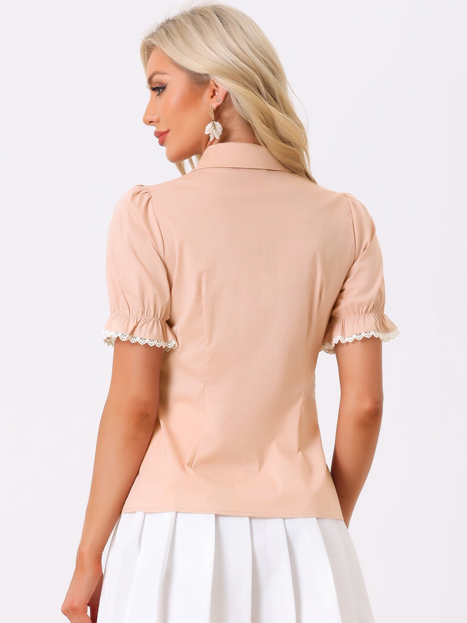 DARING DIVA Women's Peter Pan Collar Contrast Trim Puff Sleeve Shirt S Dusty Pink