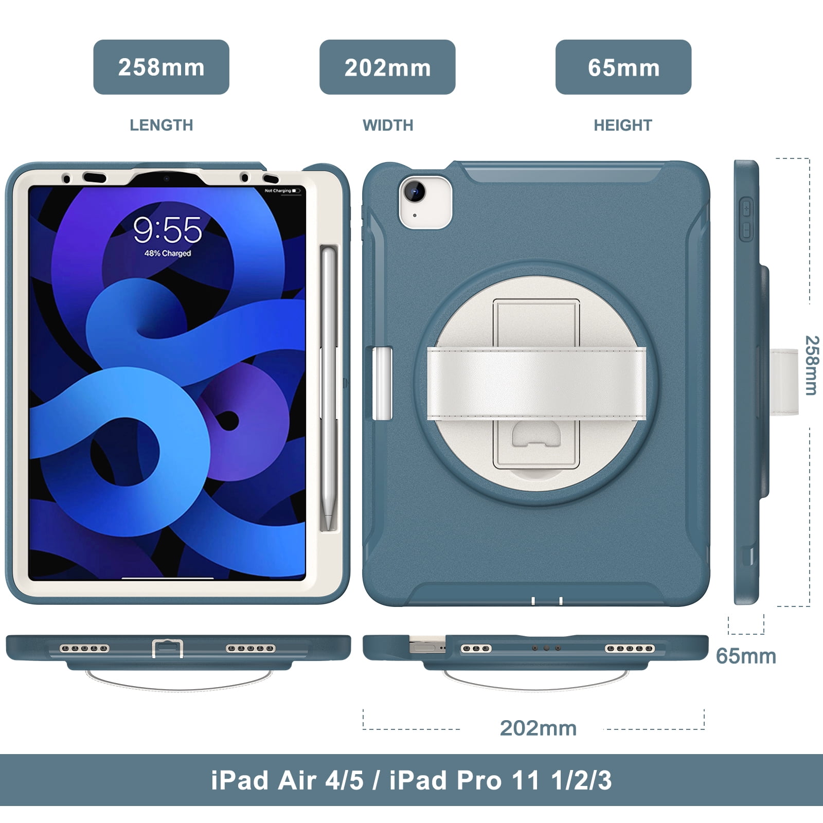 For iPad Air 11 Inch 2026/2025/2024 Case with Pencil Holder, Military Grade Shockproof Kickstand Handle Strap Anti-Scratch Kids Friendly Bumper Tablet Case Cover for Apple iPad Air 11" M4 M3 M2