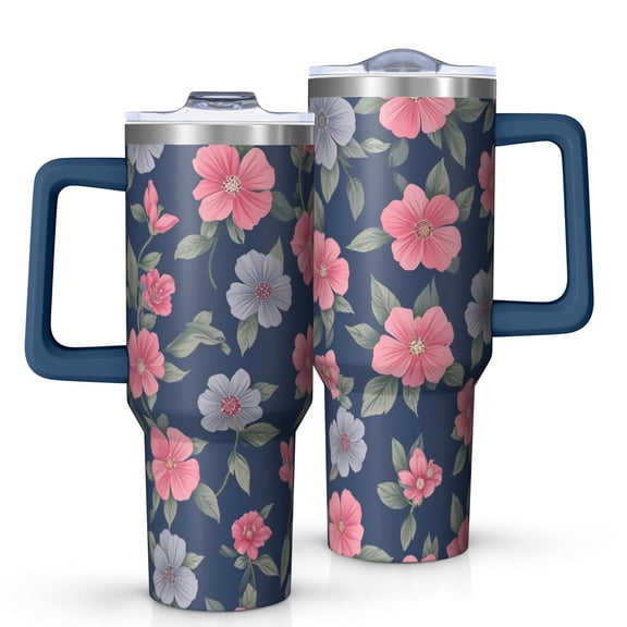 Flower Floral Print Pattern 40oz Tumbler with Handle and Lid, Double Wall Vacuum Insulated Tumbler, Gift Cups for Women and Men