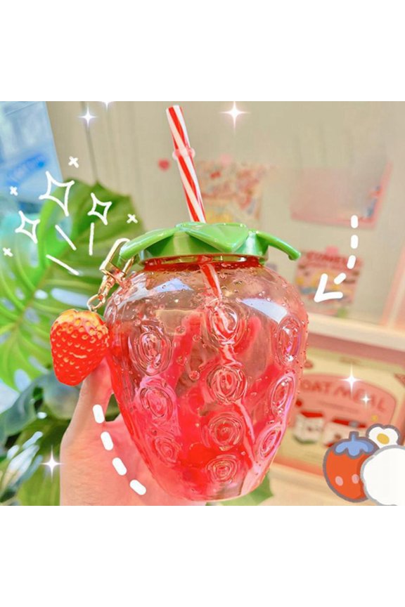 Cute Cartoon Strawberry Straw Cup Plastic Cup Lovely Girl Milk Tea Coffee Cup Student Portable Water Cup Water Bottle
